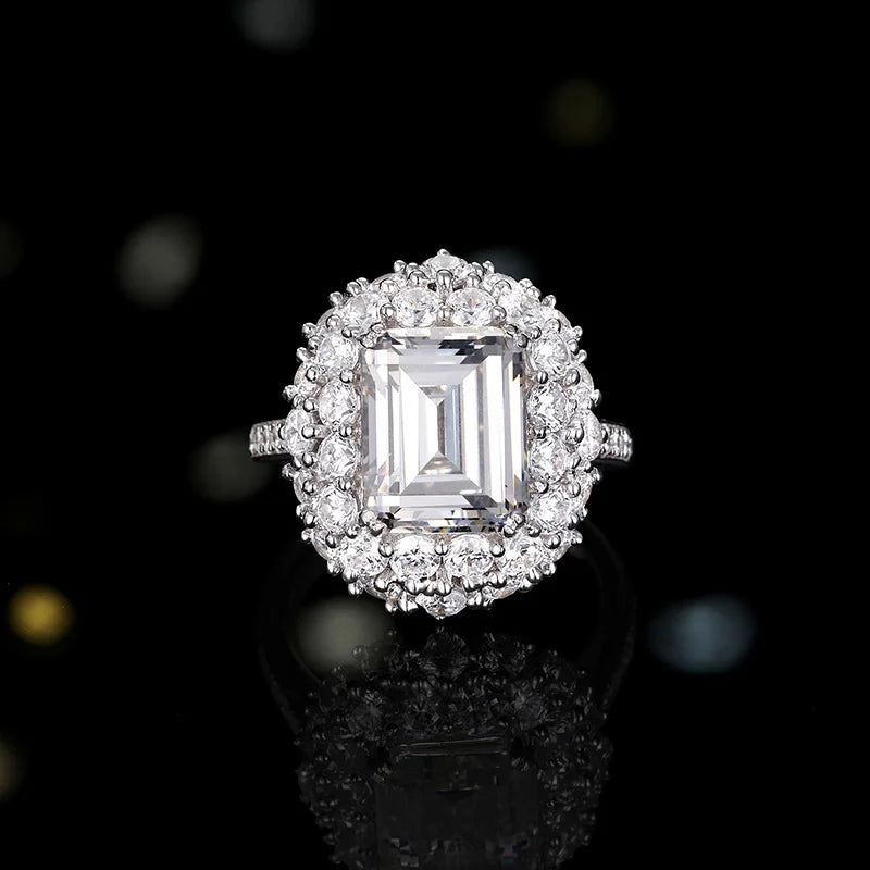 Emerald Engagement Ring 925 Silver High Carbon Diamond