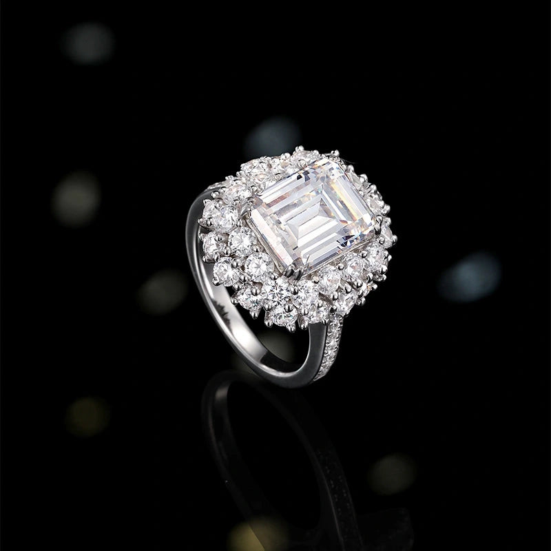 Emerald Engagement Ring 925 Silver High Carbon Diamond