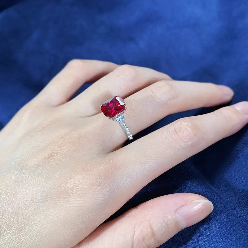 Cushion Engagement Ring 8*10 925 Silver Ruby
