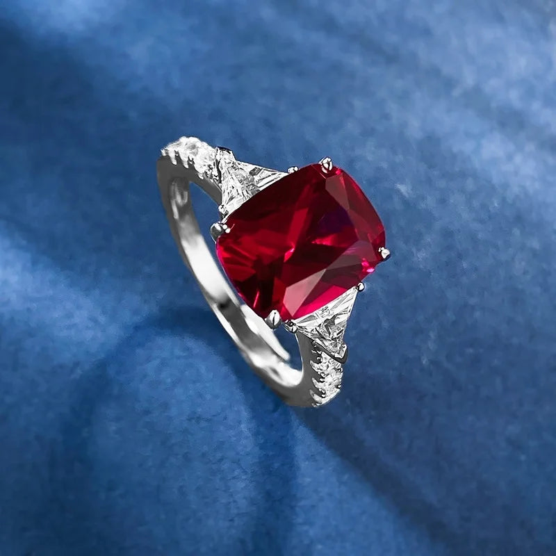 Cushion Engagement Ring 8*10 925 Silver Ruby