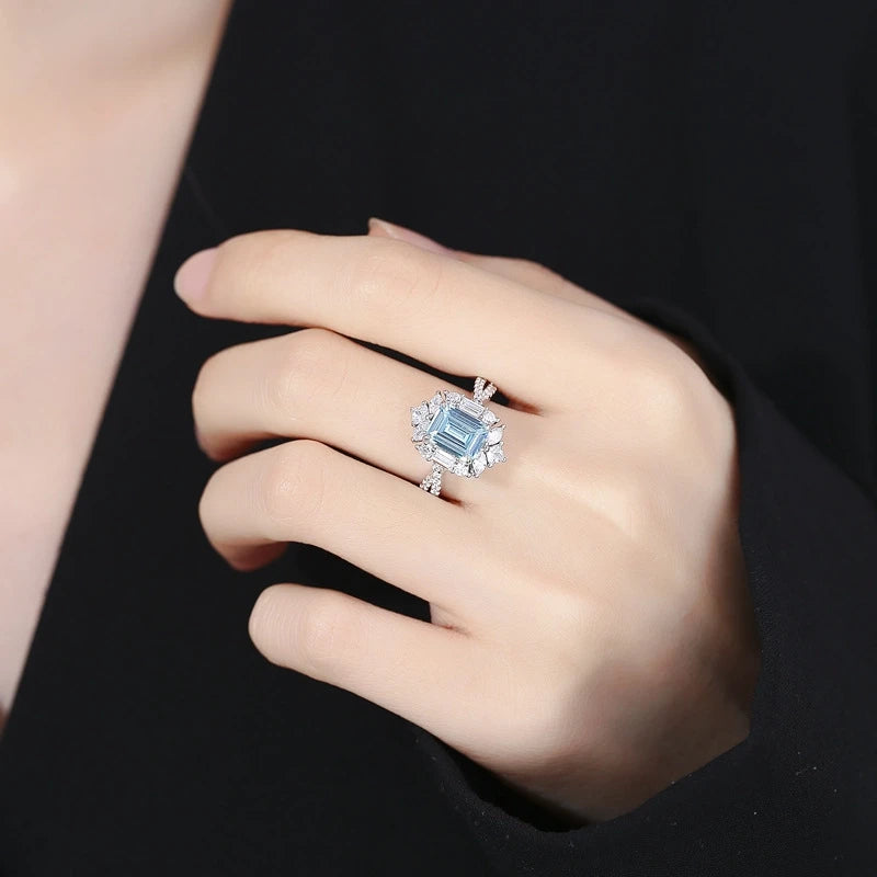 Emerald Engagement Ring 3ct 6*8 925 Silver High Carbon Diamond