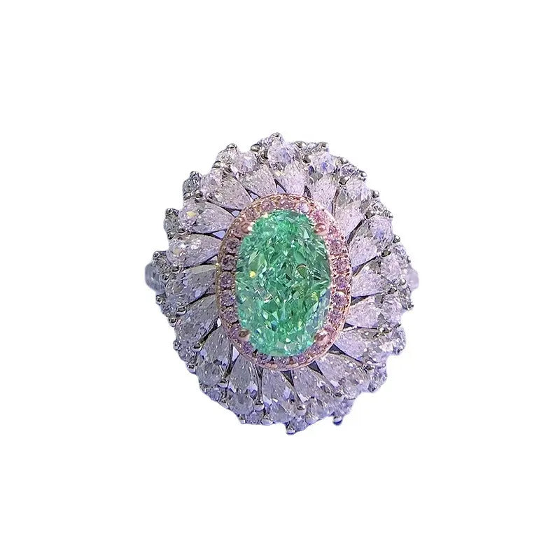 Oval Engagement Ring Paraiba Green 6*9 925 Silver High Carbon Diamond