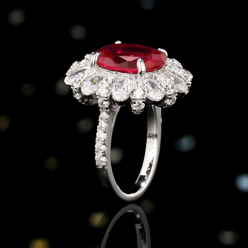 Oval Engagement Ring Red 925 Silver Ruby