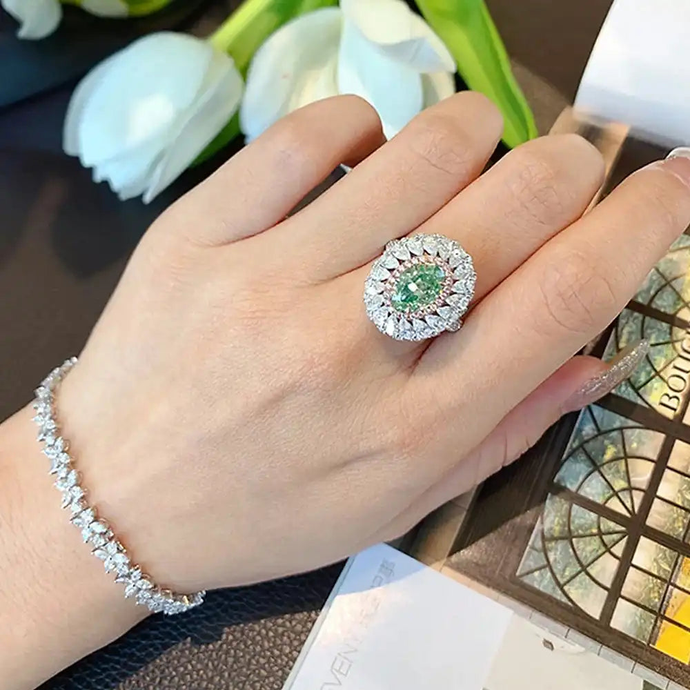 Oval Engagement Ring Paraiba Green 6*9 925 Silver High Carbon Diamond