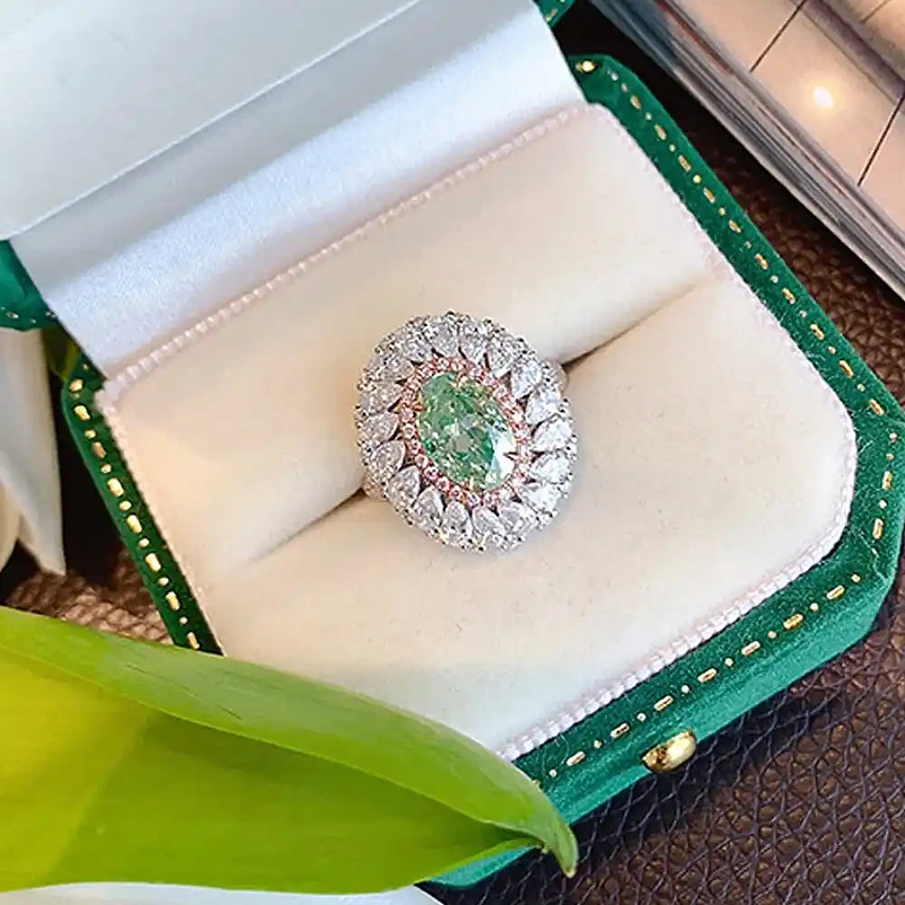 Oval Engagement Ring Paraiba Green 6*9 925 Silver High Carbon Diamond