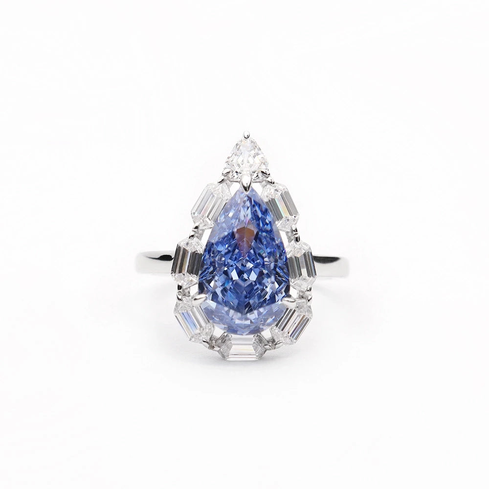 Pear Engagement Ring Blue 925 Silver High Carbon Diamond