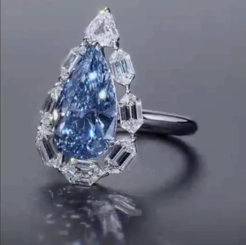 Pear Engagement Ring Blue 925 Silver High Carbon Diamond