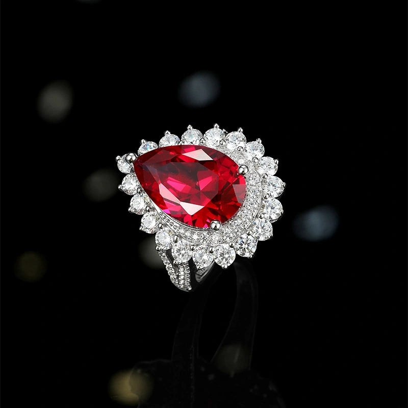 Pear Engagement Ring 925 Silver Ruby