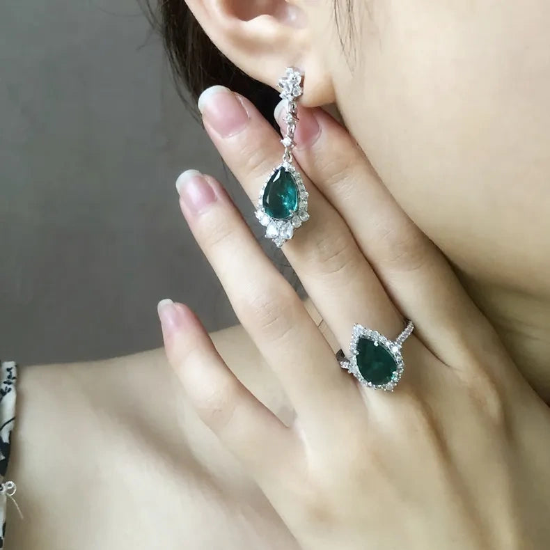 Pear Engagement Ring 2.2ct 8*12 925 Silver Emerald