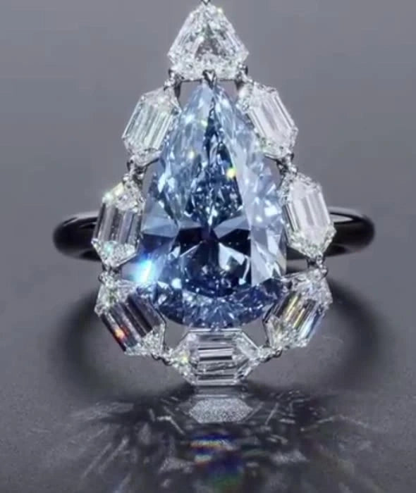 Pear Engagement Ring Blue 925 Silver High Carbon Diamond