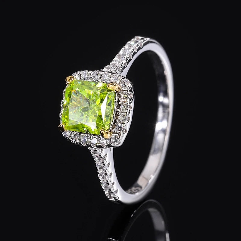 Princess Engagement Ring Olive Green 6.5mm 925 Silver High Carbon Diamond