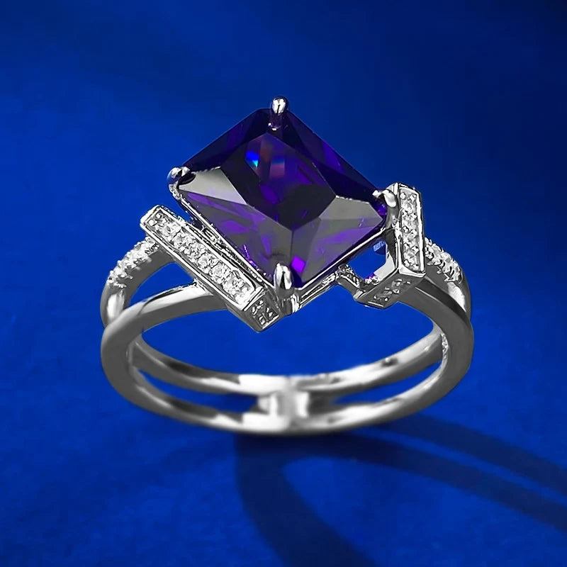 Radiant Engagement Ring 8*10 925 Silver Purple High Carbon Diamond