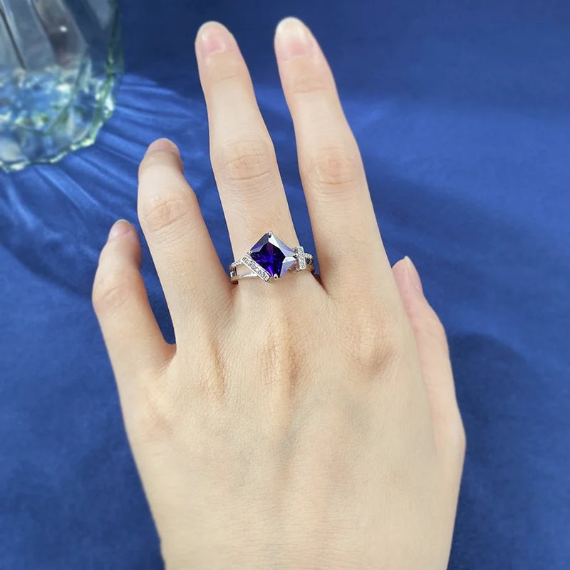 Radiant Engagement Ring 8*10 925 Silver Purple High Carbon Diamond