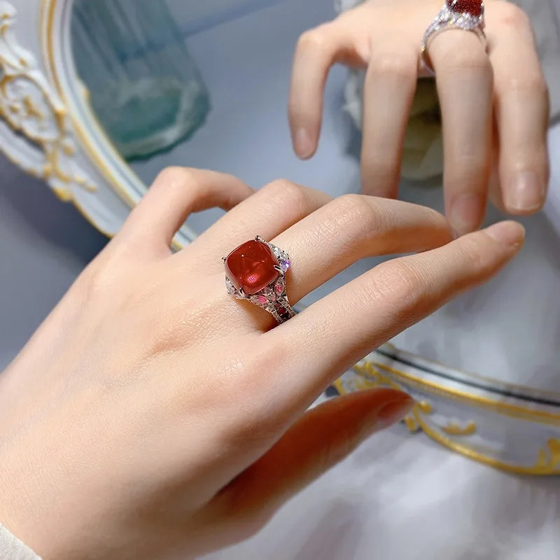 Sugar Tower Engagement Ring 12*12 925 Silver Ruby