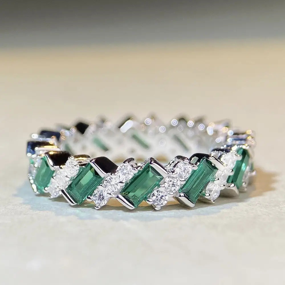 Emerald Engagement Ring Drilling Design 925 Silver High Carbon Diamond