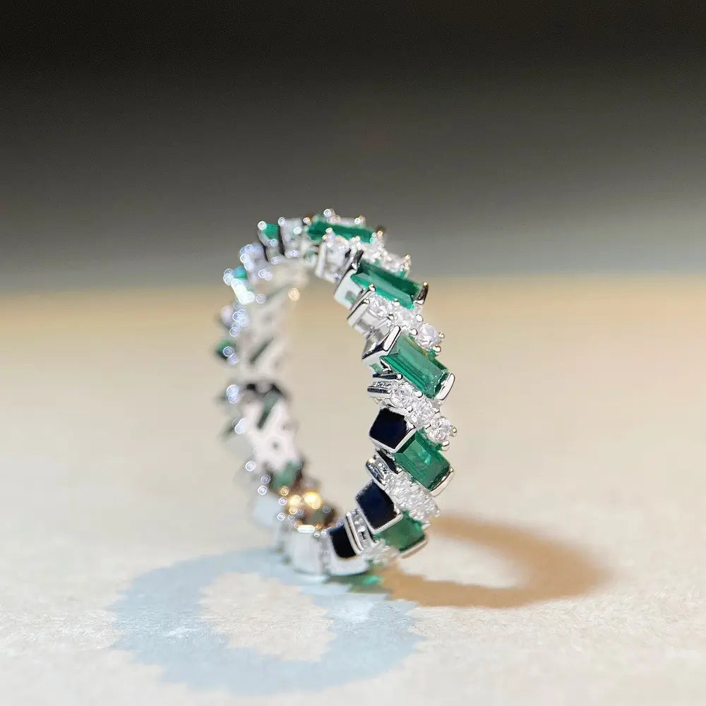 Emerald Engagement Ring Drilling Design 925 Silver High Carbon Diamond