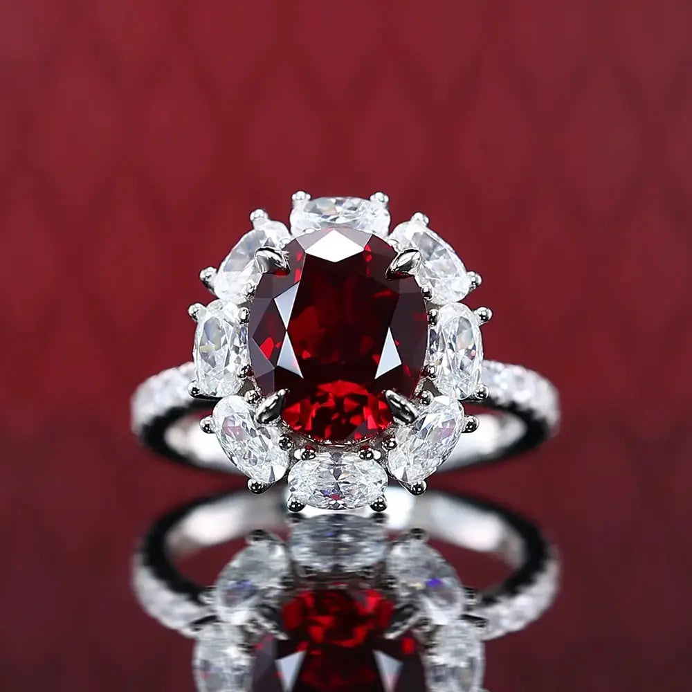 Oval Engagement Ring 2ct Red 925 Silver High Carbon Diamond