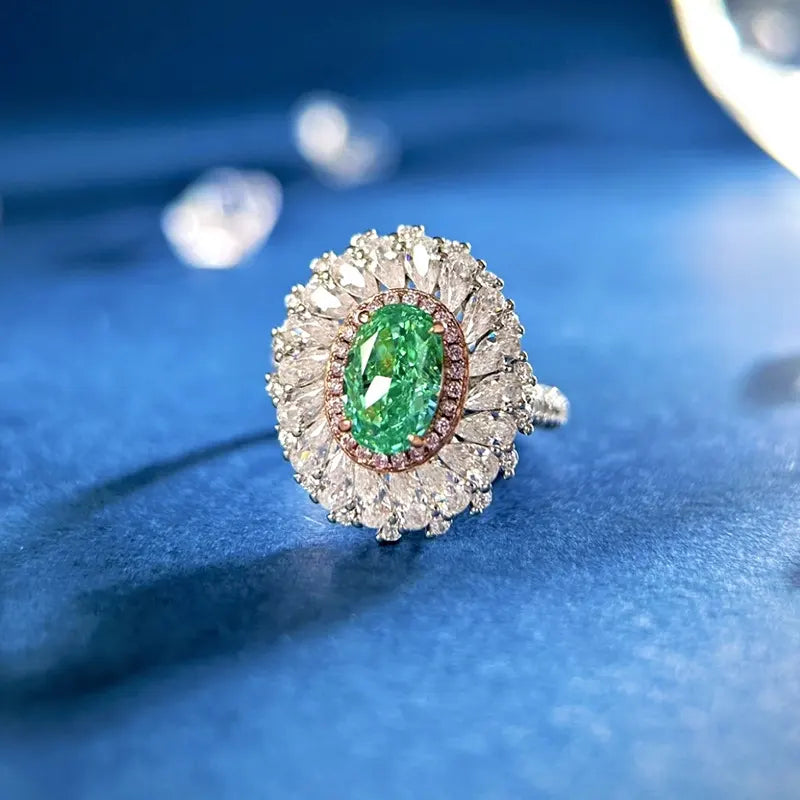 Oval Engagement Ring Paraiba Green 6*9 925 Silver High Carbon Diamond