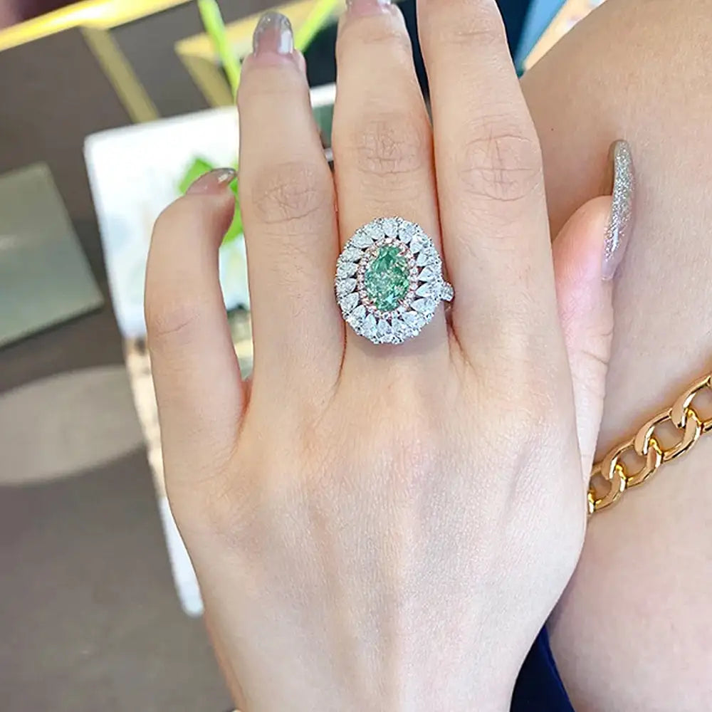 Oval Engagement Ring Paraiba Green 6*9 925 Silver High Carbon Diamond