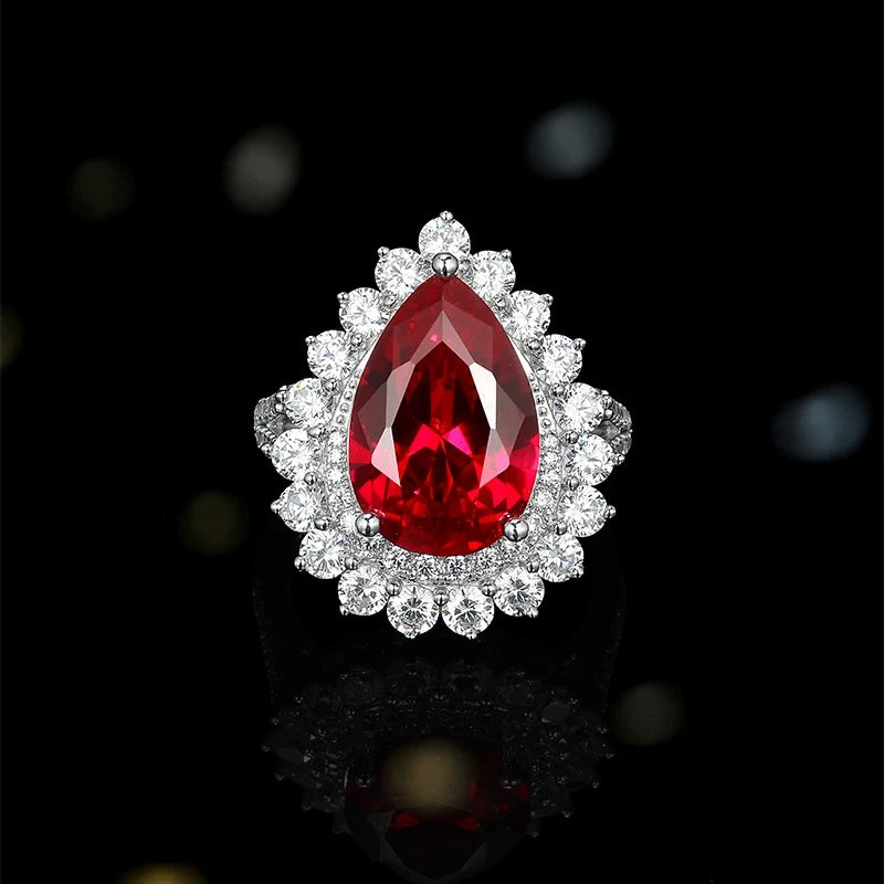Pear Engagement Ring 925 Silver Ruby