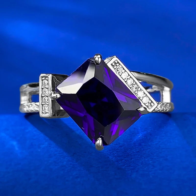 Radiant Engagement Ring 8*10 925 Silver Purple High Carbon Diamond
