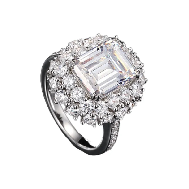 Emerald Engagement Ring 925 Silver High Carbon Diamond