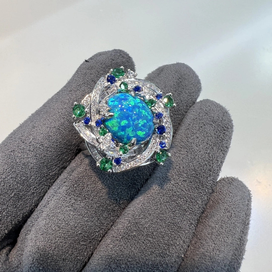 Oval Engagement Ring 925 Silver High Carbon Diamond Opal