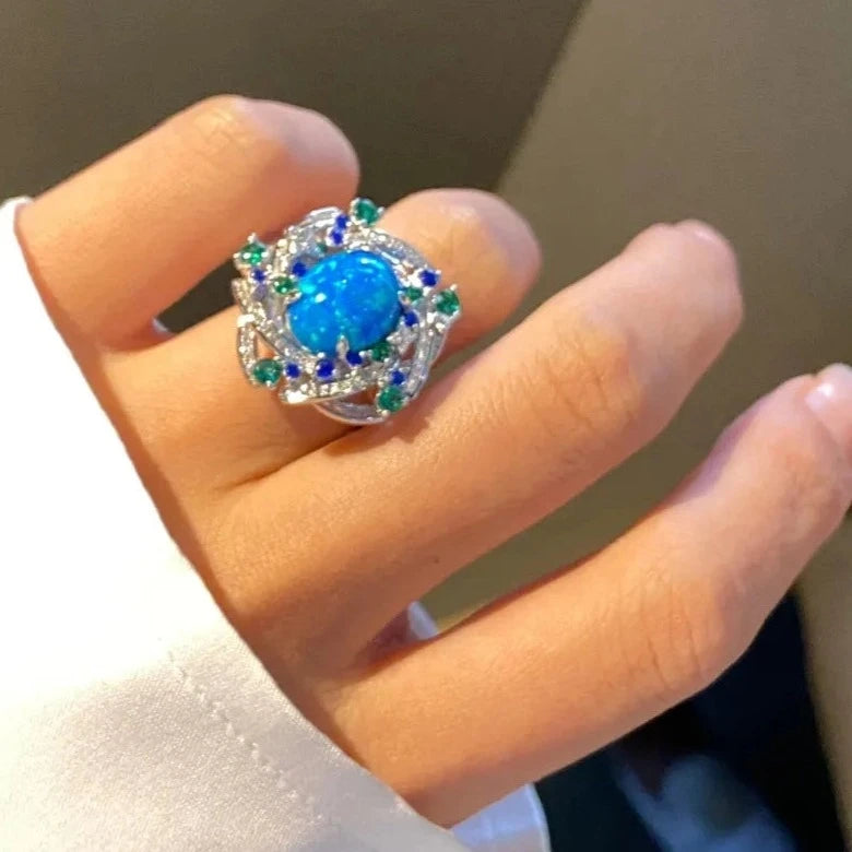 Oval Engagement Ring 925 Silver High Carbon Diamond Opal