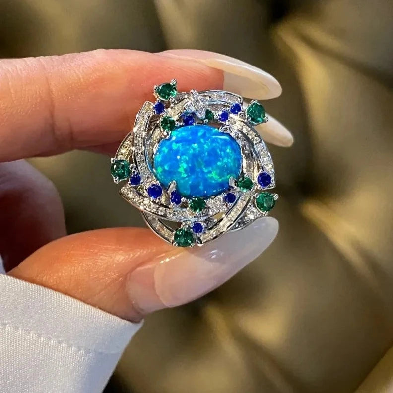 Oval Engagement Ring 925 Silver High Carbon Diamond Opal