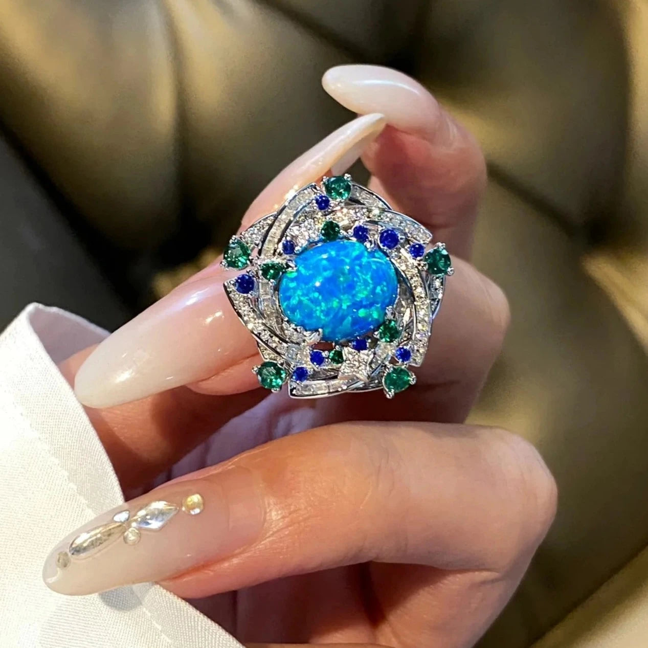 Oval Engagement Ring 925 Silver High Carbon Diamond Opal