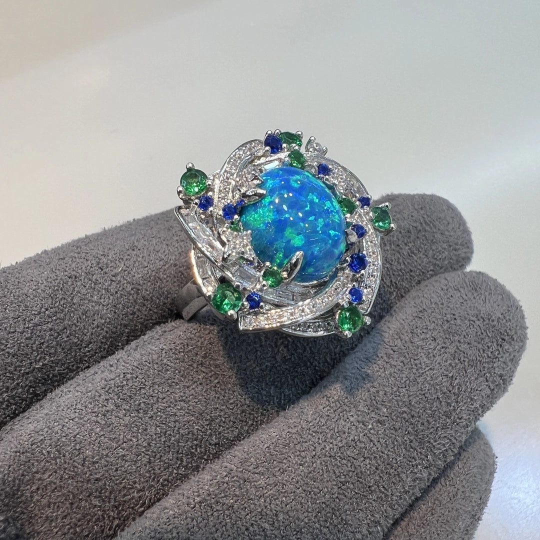 Oval Engagement Ring 925 Silver High Carbon Diamond Opal