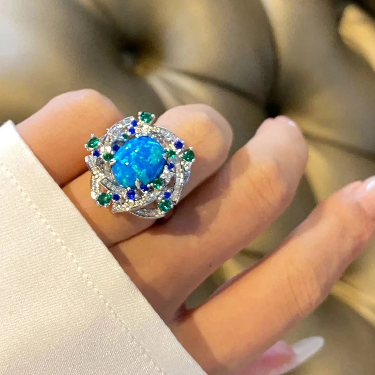Oval Engagement Ring 925 Silver High Carbon Diamond Opal