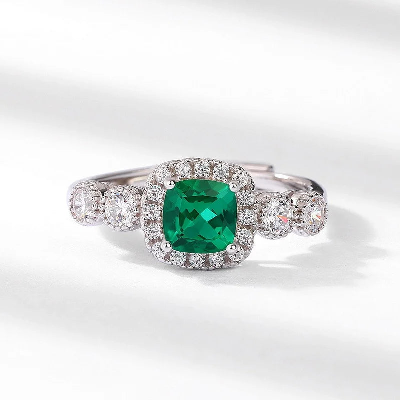 Cushion Engagement Ring 5*5 0.48ct 925 Silver Emerald Open Ring