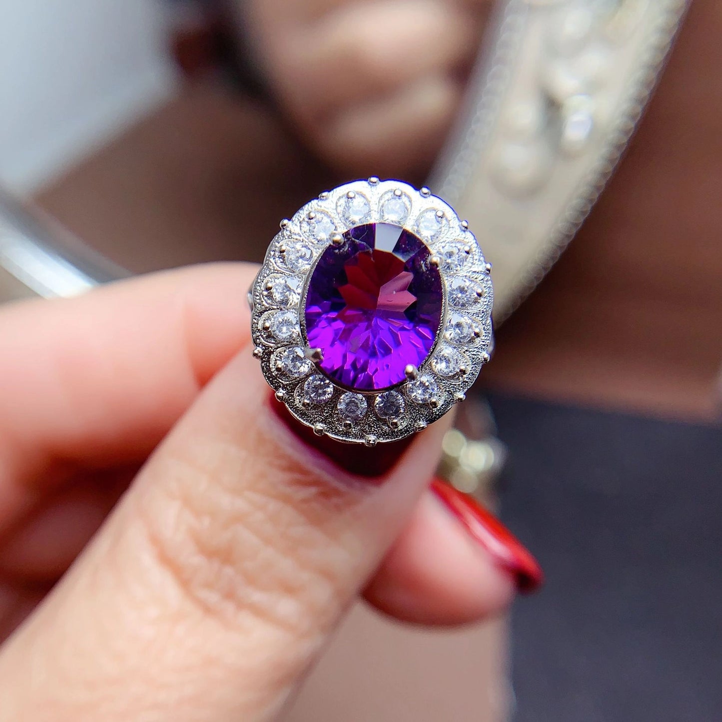 Oval Engagement Ring 925 Silver Amethyst