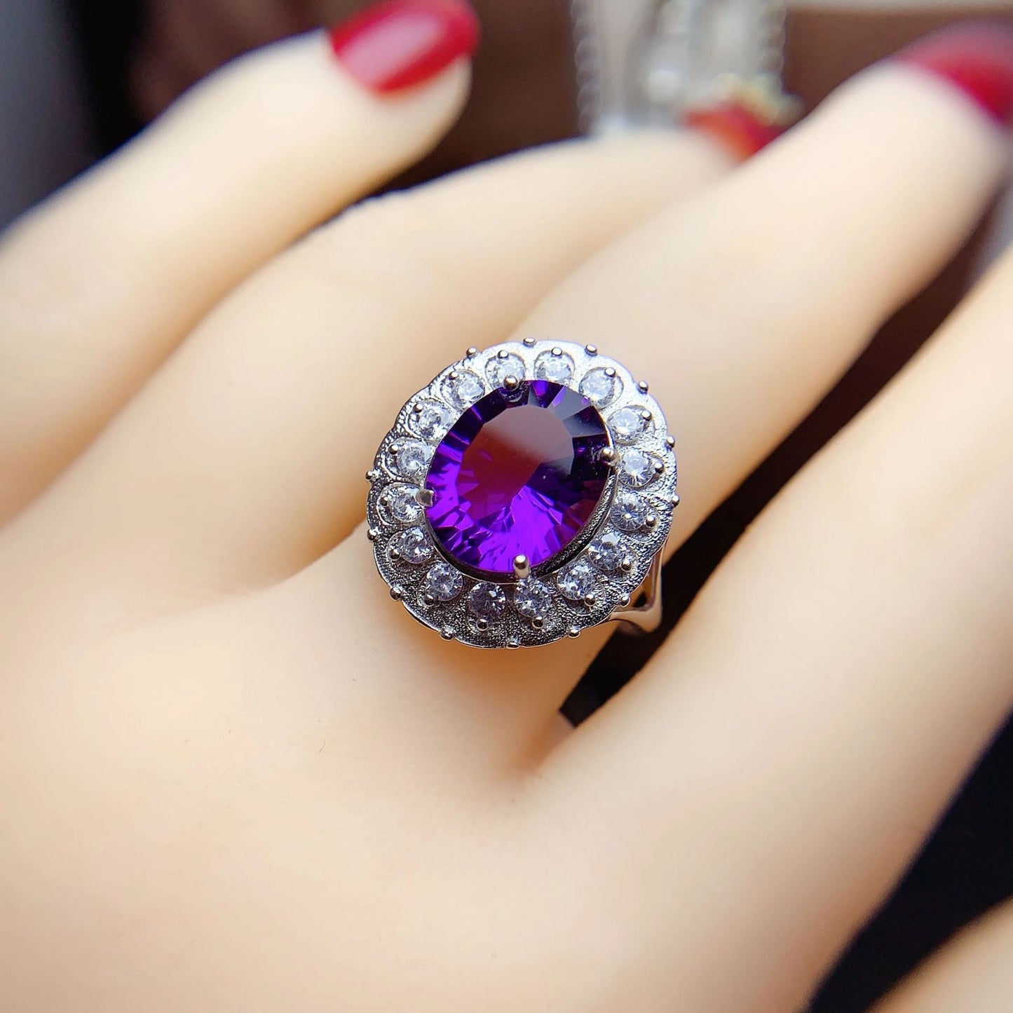 Oval Engagement Ring 925 Silver Amethyst