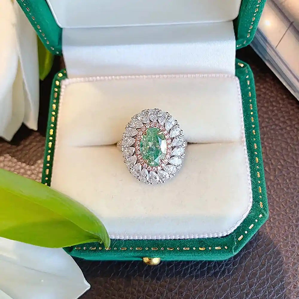 Oval Engagement Ring Paraiba Green 6*9 925 Silver High Carbon Diamond