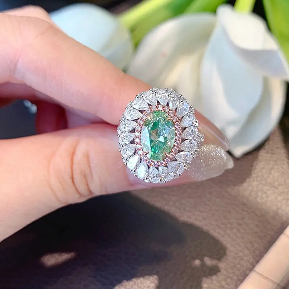Oval Engagement Ring Paraiba Green 6*9 925 Silver High Carbon Diamond