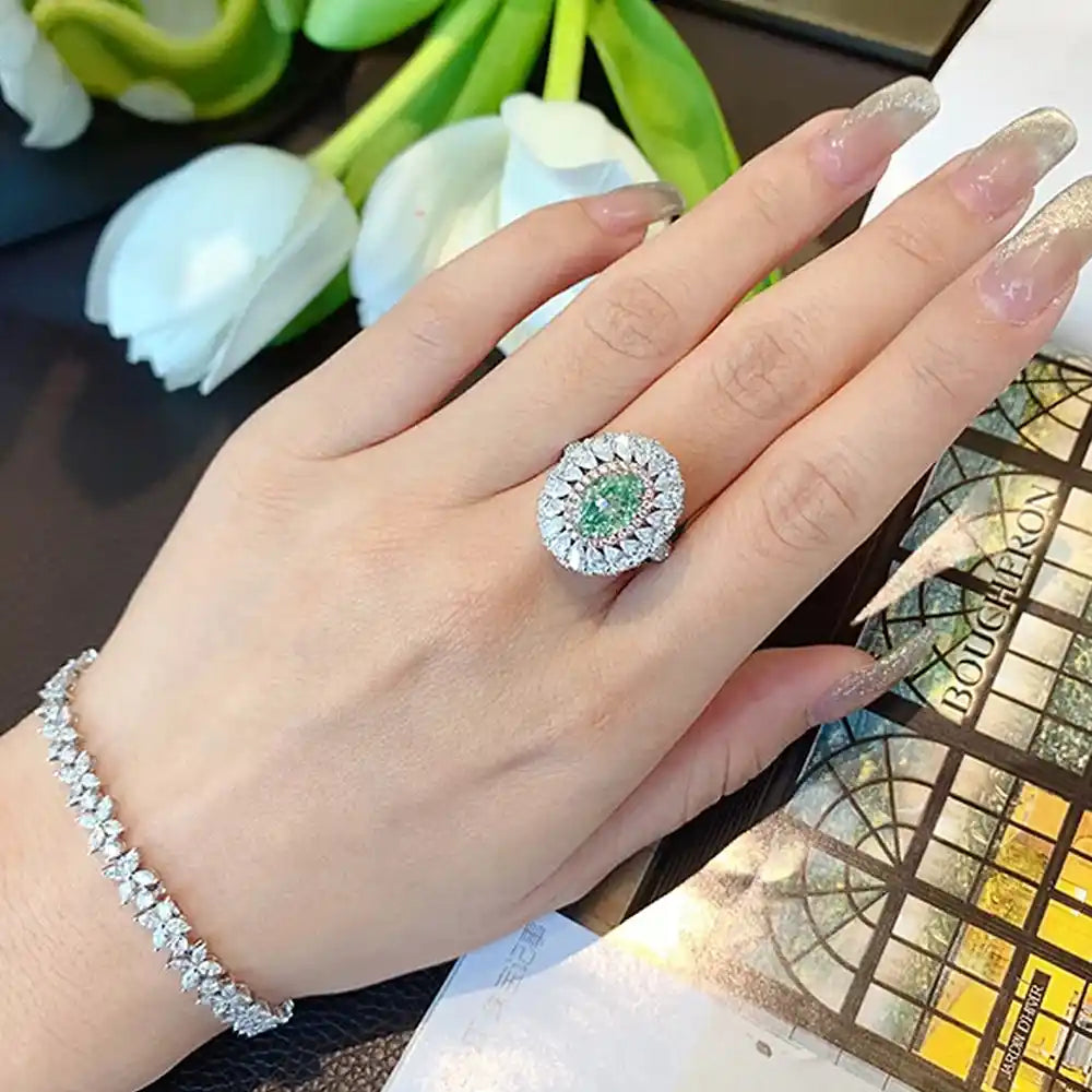 Oval Engagement Ring Paraiba Green 6*9 925 Silver High Carbon Diamond