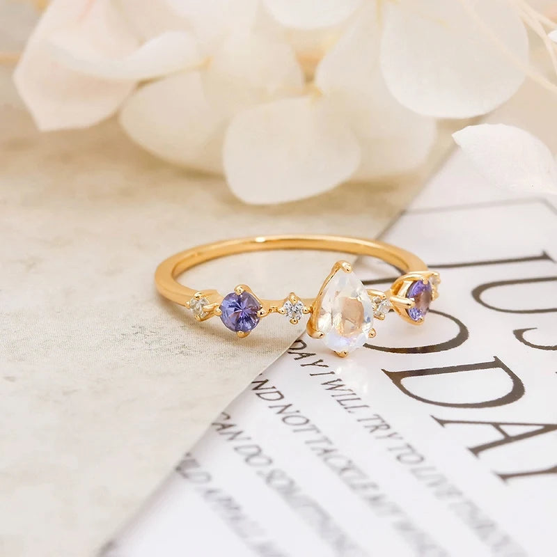 Pear Engagement Ring 925 Silver Moonstone