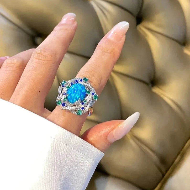 Oval Engagement Ring 925 Silver High Carbon Diamond Opal