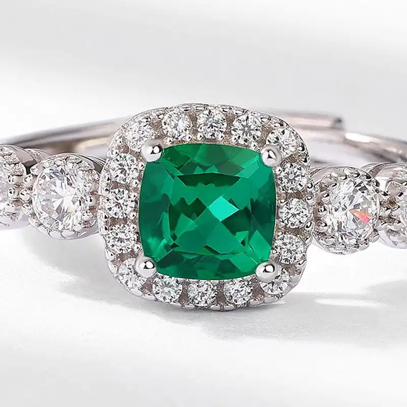 Cushion Engagement Ring 5*5 0.48ct 925 Silver Emerald Open Ring