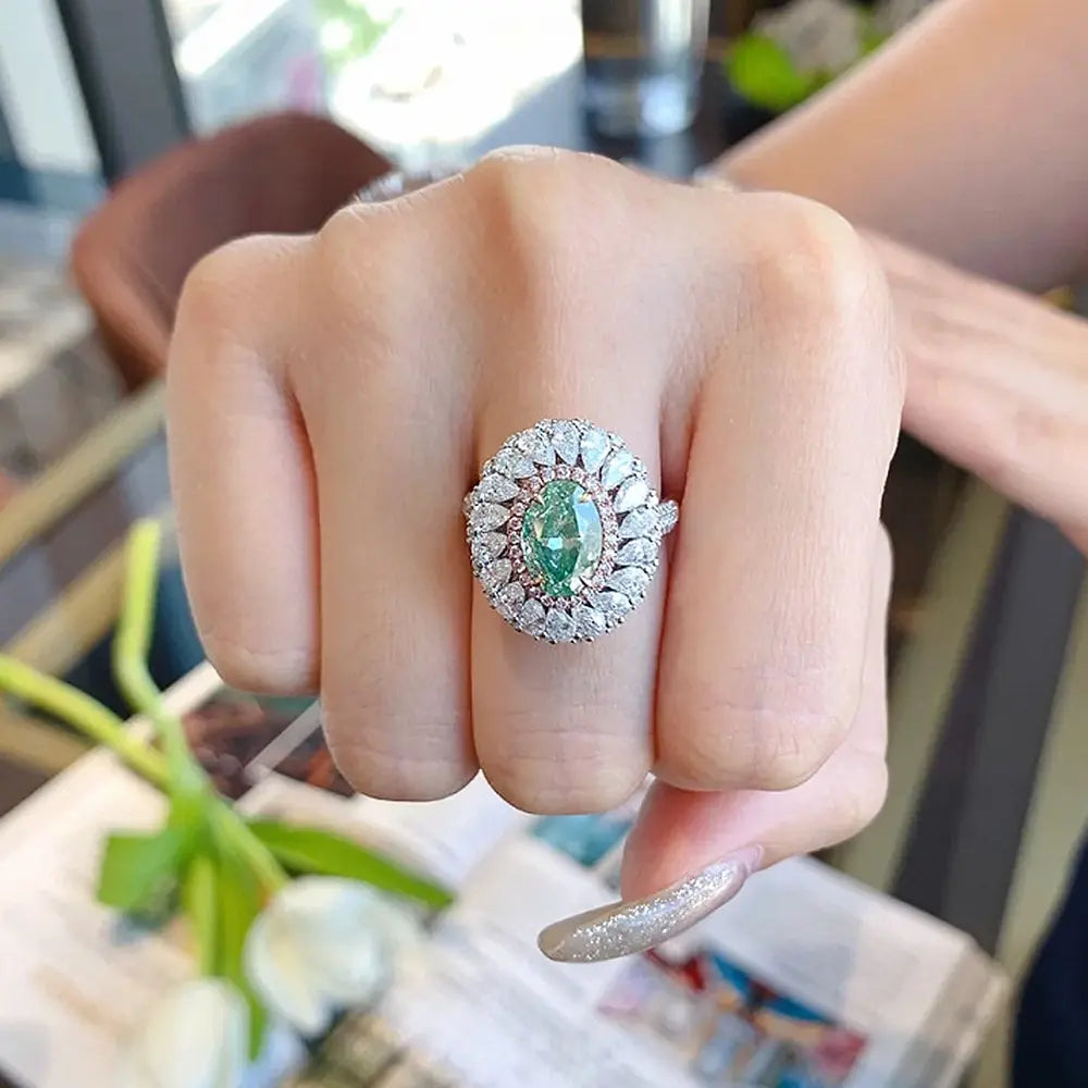 Oval Engagement Ring Paraiba Green 6*9 925 Silver High Carbon Diamond
