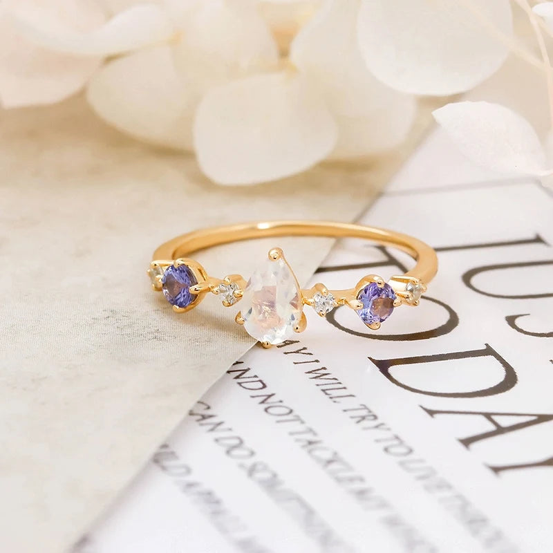 Pear Engagement Ring 925 Silver Moonstone
