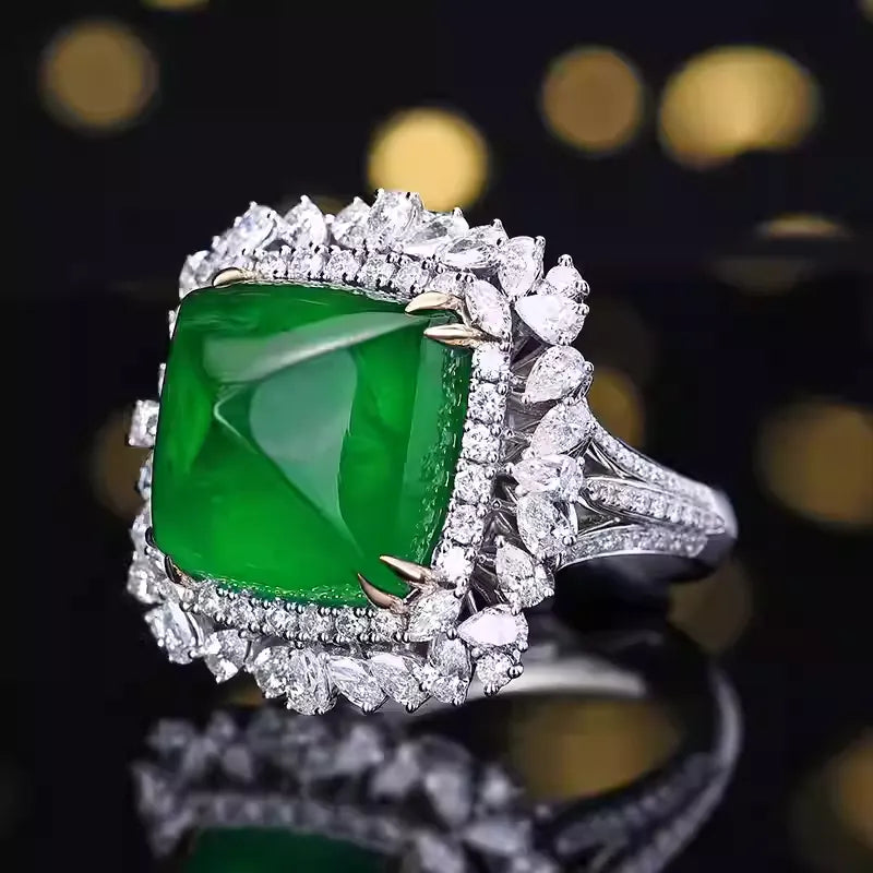 Engagement Ring 18K Gold 17.98ct Zambian Cabochon Sugarloaf Emerald Ring