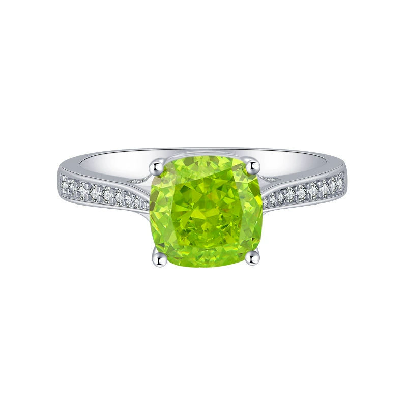 Cushion Engagement Ring Olive Green 8*8 925 Silver High Carbon Diamond