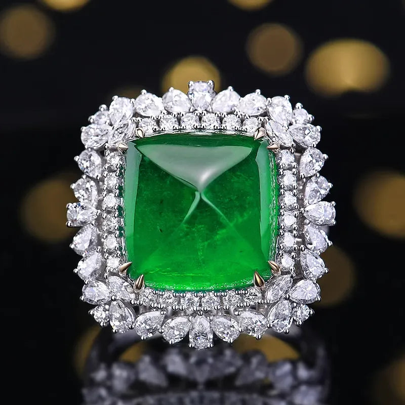 Engagement Ring 18K Gold 17.98ct Zambian Cabochon Sugarloaf Emerald Ring