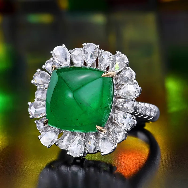 Engagement Ring 18K Gold 13.08ct Natural Cabochon Emerald Ring