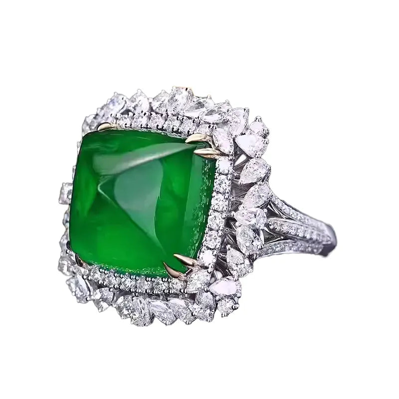 Engagement Ring 18K Gold 17.98ct Zambian Cabochon Sugarloaf Emerald Ring