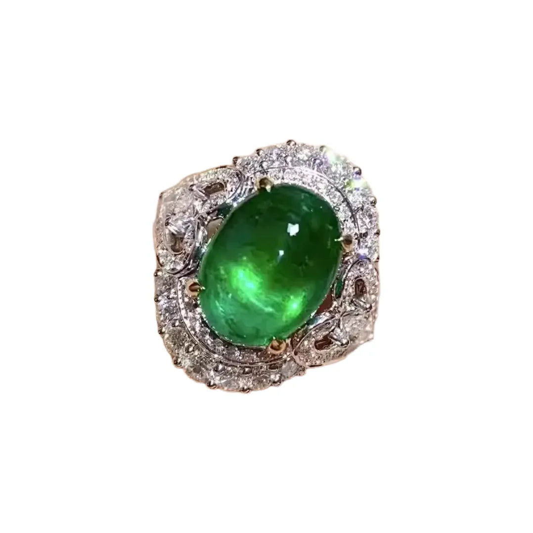Engagement Ring 18K Gold 5.28ct Natural Walton Green Cabochon Emerald Ring