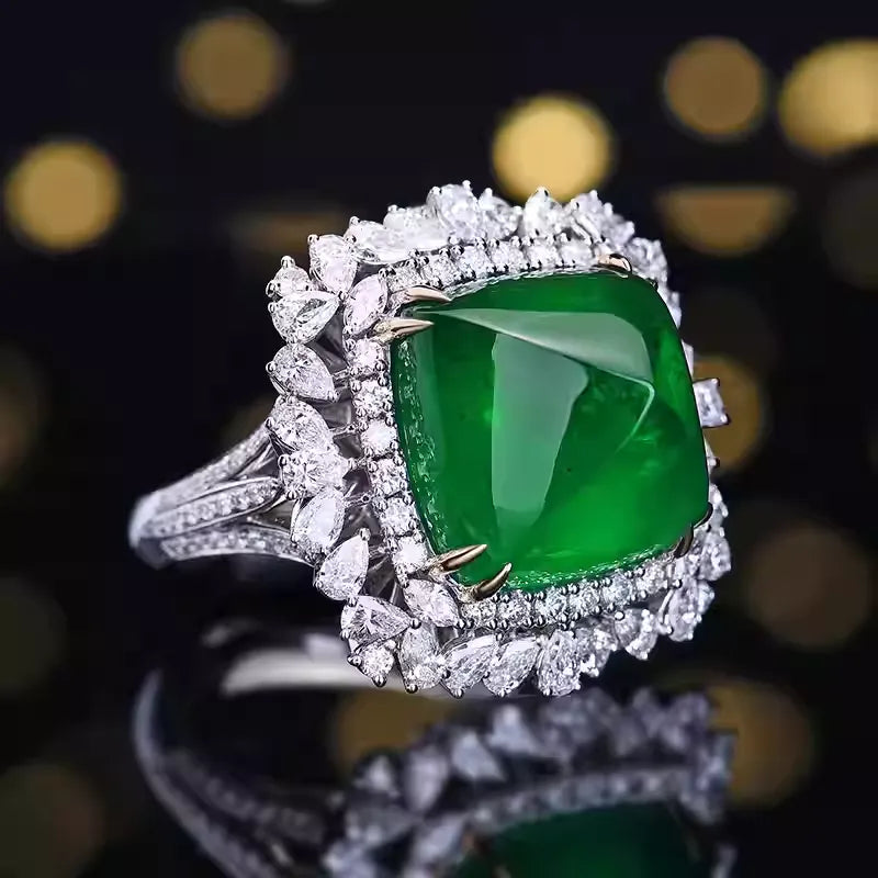 Engagement Ring 18K Gold 17.98ct Zambian Cabochon Sugarloaf Emerald Ring